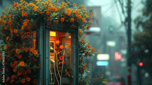 Floral Escape: Flowers burst from an old telephone booth, offering a brief escape from the city bustle.