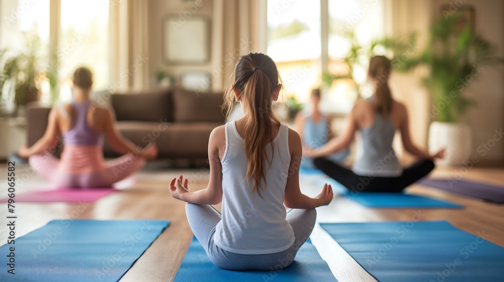 A woman sits on a blue mat in a room with other people. The room is filled with plants and has a calming atmosphere A woman sits on a blue mat in a room with other people. The room is filled with plants and has a calming atmosphere