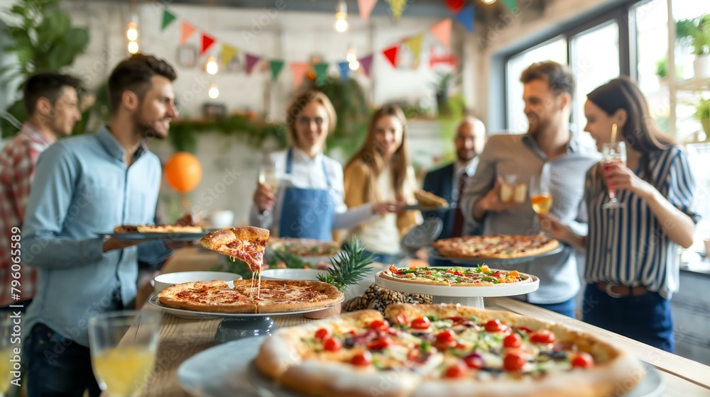 A group of people are gathered around a table with a variety of pizzas. The atmosphere is lively and social, with people enjoying each other's company and the delicious food
