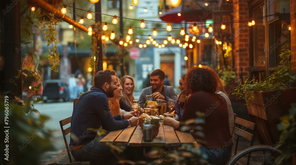 © SKW - A group of people are sitting at a table outside a restaurant, enjoying a meal together. The atmosphere is lively and social, with everyone engaged in conversation and laughter. The outdoor setting © SKW - A group of people are sitting at a table outside a restaurant, enjoying a meal together. The atmosphere is lively and social, with everyone engaged in conversation and laughter. The outdoor setting