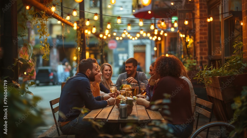 A group of people are sitting at a table outside a restaurant, enjoying a meal together. The atmosphere is lively and social, with everyone engaged in conversation and laughter. The outdoor setting