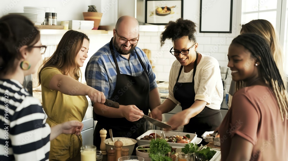 A group of people are gathered around a kitchen counter, preparing food together. The atmosphere is friendly and social, with everyone smiling and enjoying each other's company A group of people are gathered around a kitchen counter, preparing food together. The atmosphere is friendly and social, with everyone smiling and enjoying each other's company