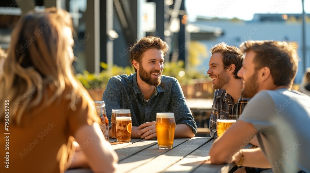 A group of friends are sitting around a table with glasses of beer, smiling and laughing. The atmosphere is relaxed and friendly, as they enjoy each other's company
