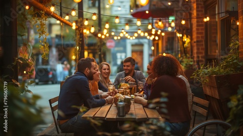 A group of people are sitting at a table outside a restaurant  enjoying a meal together. The atmosphere is lively and social  with everyone engaged in conversation and laughter. The outdoor setting