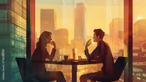 A man and woman are sitting at a table in a restaurant, looking at each other. The man is eating a sandwich and the woman is drinking a cup of coffee. Scene is relaxed and intimate