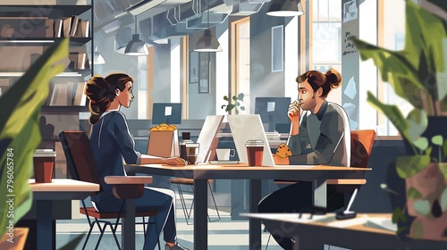 Two people are sitting at a table in a room with a potted plant in the background. Scene is casual and relaxed, as the two people are sitting at a table with their laptops open