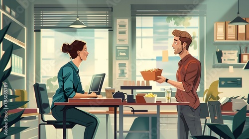 A man and a woman are sitting at a desk with a laptop and a bowl of food. The scene is set in a home office