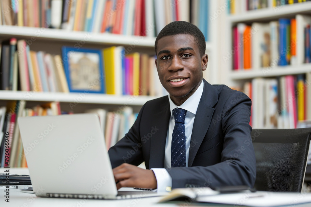 A young man in a suit and tie is sitting at a desk with a laptop in front of him. He is smiling and he is enjoying his work. Concept of professionalism and productivity A young man in a suit and tie is sitting at a desk with a laptop in front of him. He is smiling and he is enjoying his work. Concept of professionalism and productivity