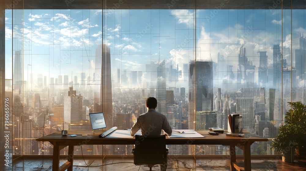 custom made wallpaper toronto digitalA man is sitting at a desk in front of a window overlooking a city. The man is working on a laptop computer. The scene is peaceful and serene, with the man enjoying the view of the city skyline