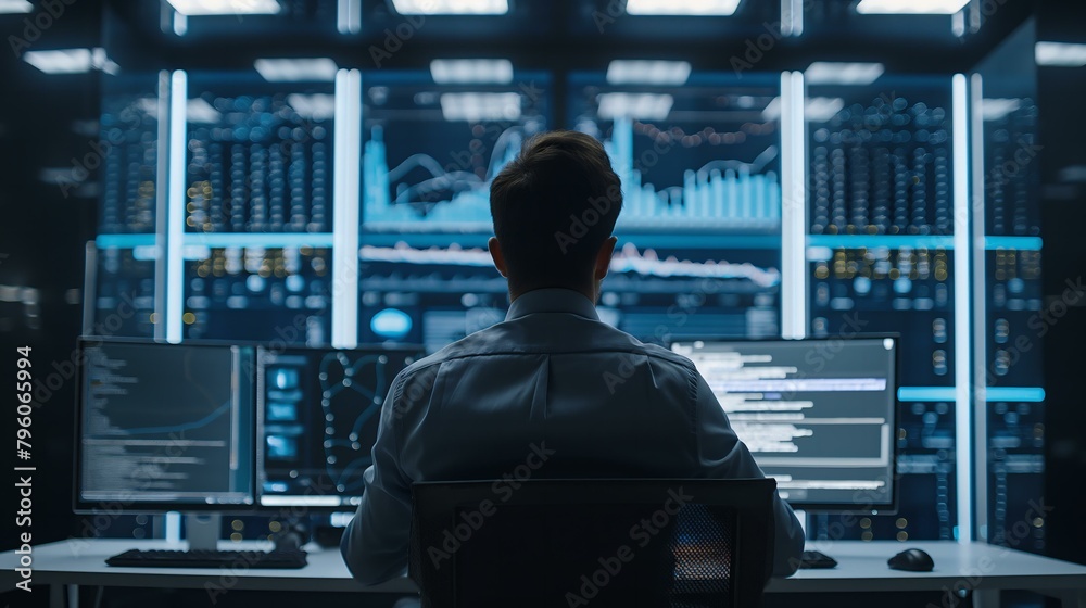 A man is sitting in front of a computer monitor with several screens open. He is focused on the computer and he is working on a project. The room is dimly lit, and the man is wearing a blue shirt A man is sitting in front of a computer monitor with several screens open. He is focused on the computer and he is working on a project. The room is dimly lit, and the man is wearing a blue shirt