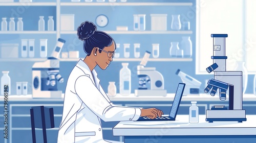 A woman in a lab coat is working on a laptop computer. She is wearing glasses and she is focused on her work. The lab is filled with various scientific equipment and supplies, including bottles, cups