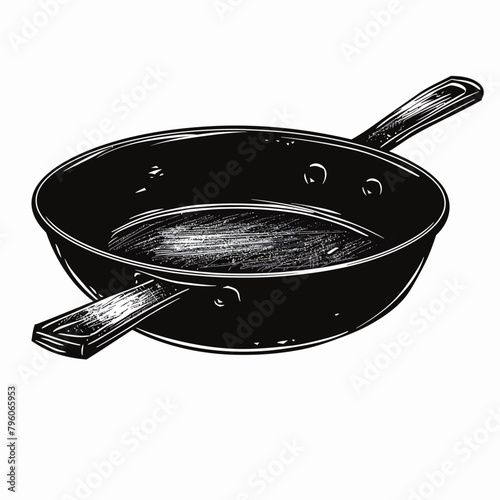 Hand drawn frying pan on a white background. Vector sketch illustration.
