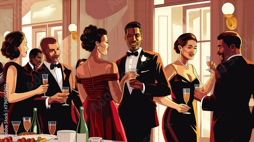 A group of people are at a party, dressed in formal wear. They are all holding glasses of wine and smiling. Scene is festive and social