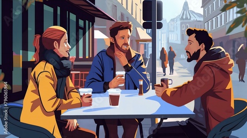 Three people are sitting at a table outside a cafe, enjoying coffee and conversation. The scene is set in a busy city street with people walking by and a traffic light in the background