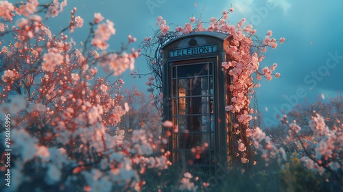 Nature reclaims an abandoned telephone booth, adorning it with delicate blossoms against a backdrop of neglect. photo