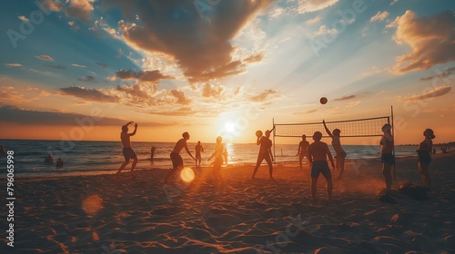 A group of people playing volleyball on a beach at sunset. The sky is filled with clouds and the sun is setting, creating a warm and inviting atmosphere