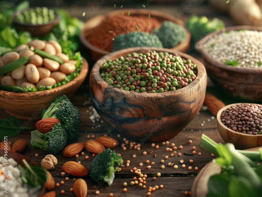 A variety of nuts, beans, and vegetables are displayed on a wooden table. Concept of abundance and health, as the different types of food are spread out in various bowls and containers