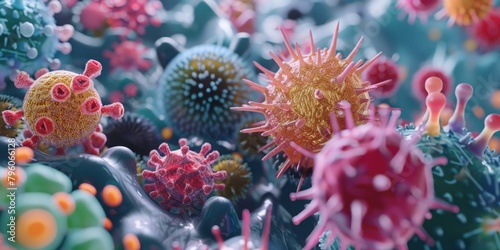 A colorful image of many different types of viruses and bacteria. Scene is chaotic and overwhelming, as the various shapes and colors of the microorganisms seem to be competing for attention © vefimov