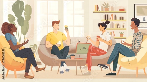A group of people are sitting on couches and chairs in a living room. They are all drinking coffee and talking to each other. Scene is relaxed and friendly