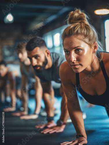 A group of people are doing pushups in a gym. A woman is in the middle of the group © vefimov
