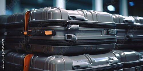 A stack of luggage with locks on the zippers. The luggage is gray and black. The luggage is stacked on top of each other