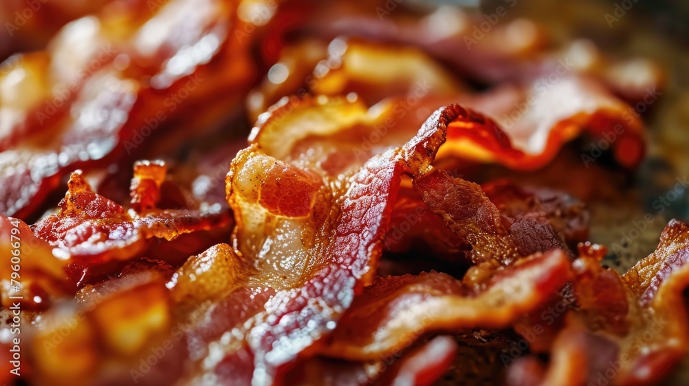 A close up of bacon strips on a pan. The bacon is sizzling and he is cooked A close up of bacon strips on a pan. The bacon is sizzling and he is cooked