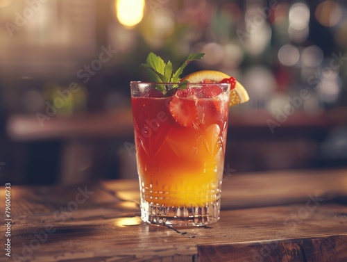 A glass of mixed drink with a strawberry and orange garnish. The drink is on a wooden table