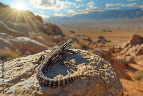Lizard Sunbathing on Desert Rock A lizard sunbathing on a desert rock its sleek body absorbing the heat of the desert sun as it rests in a moment of stillness amidst the arid landscape photo