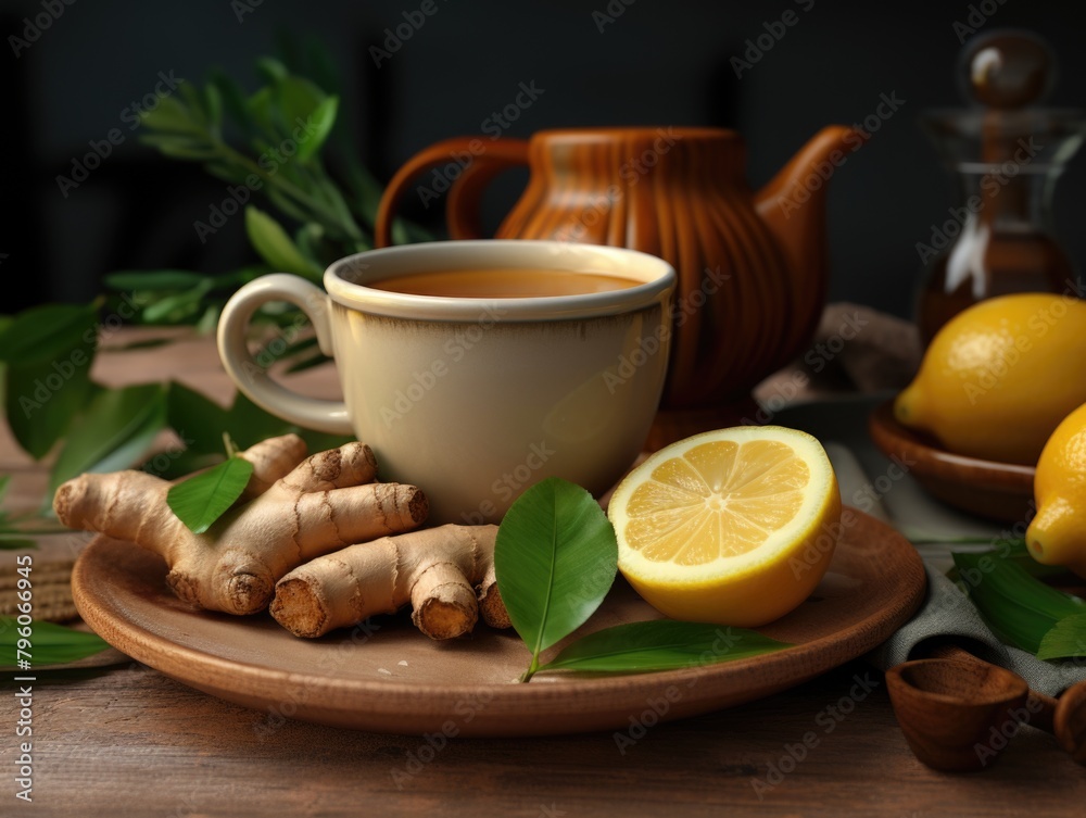 A cup of tea with a lemon slice and ginger root on a wooden table. Concept of relaxation and warmth, as the tea and lemon slices are often associated with calming and soothing beverages