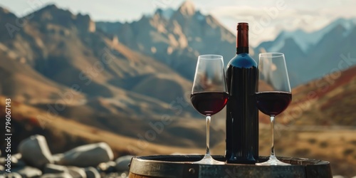 A bottle of red wine and two wine glasses are on a table in front of a mountain range