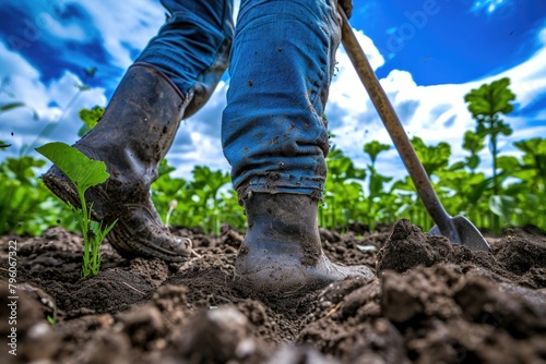 A person is working in a field with a shovel and boots. The boots are dirty and muddy, and the person is wearing jeans. The field is full of plants, and the person is tending to them