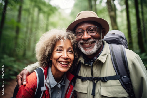 A smiling older couple posing for a photo in a forest. The woman is wearing a red jacket and the man is wearing a hat