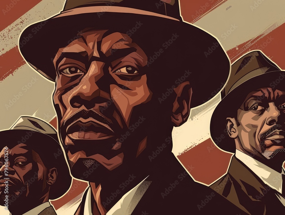 Three men wearing hats are standing in front of a red and white background. Scene is serious and intense Three men wearing hats are standing in front of a red and white background. Scene is serious and intense