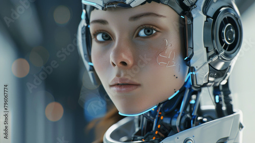 A woman in a robot suit with blue and orange accents