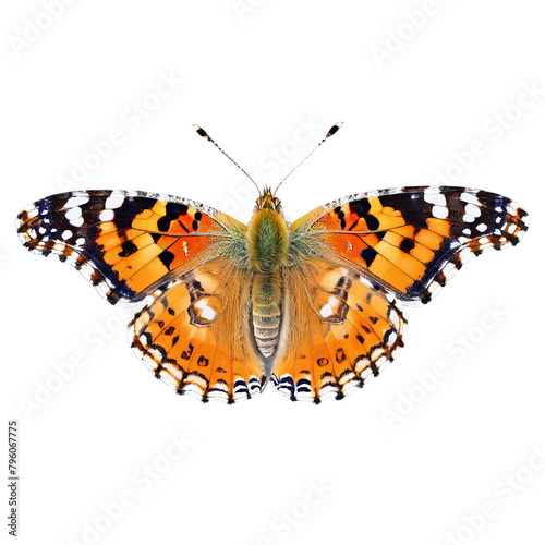 Painted lady butterfly Vanessa cardui mottled orange brown and white wings short tails proboscis extended photo