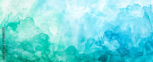 Blue teal watercolor paint splash, blotch background with fringe bleed wash and bloom design, blobs of paint, old green vintage watercolor paper grain texture. Turquoise and white underwater ocean