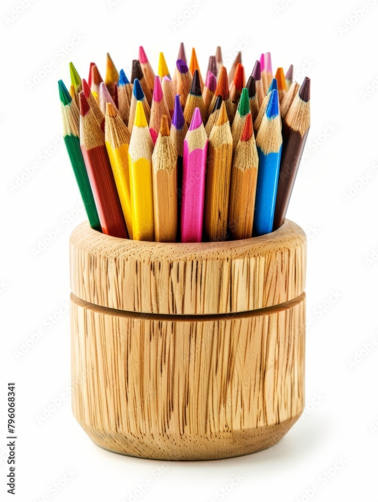 different color pencils in a wooden container isolated on white background different color pencils in a wooden container isolated on white background