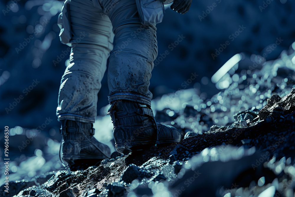 Space explorer traversing the surface of an uncharted extraterrestrial world Space explorer traversing the surface of an uncharted extraterrestrial world