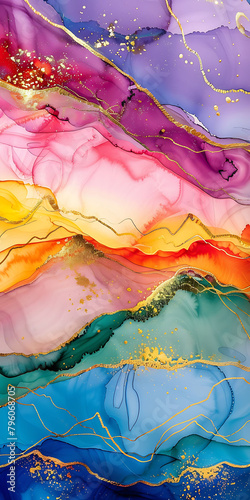 An abstract painting of mountains, with golden cracks running through alcohol ink and colorful clouds, golden lines flowing between purple mountains, and gold foil embellishments adding luxury, formin