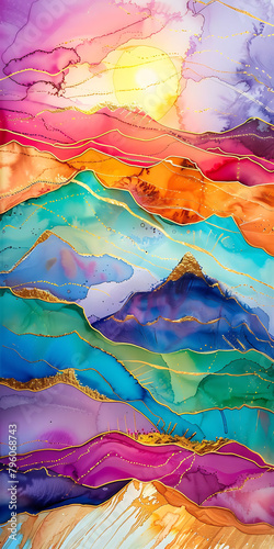 An abstract painting of mountains, with golden cracks running through alcohol ink and colorful clouds, golden lines flowing between purple mountains, and gold foil embellishments adding luxury, formin
