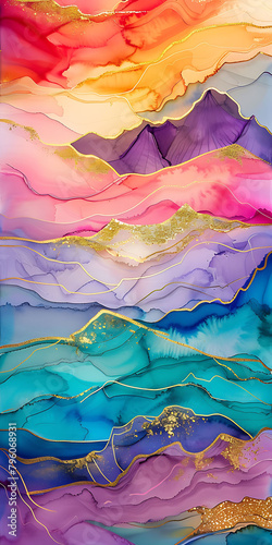 An abstract painting of mountains, with golden cracks running through alcohol ink and colorful clouds, golden lines flowing between purple mountains, and gold foil embellishments adding luxury, formin