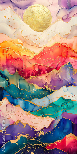 An abstract painting of mountains, with golden cracks running through alcohol ink and colorful clouds, golden lines flowing between purple mountains, and gold foil embellishments adding luxury, formin