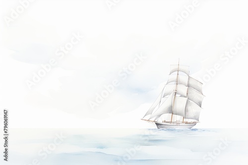 A watercolor painting of a tall ship with white sails on a calm sea. © Nattanon