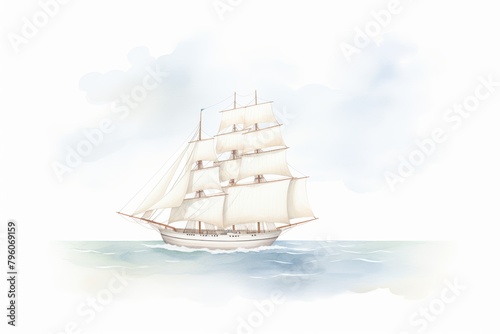 A watercolor painting of a tall ship at sea with the sails billowing in the wind.