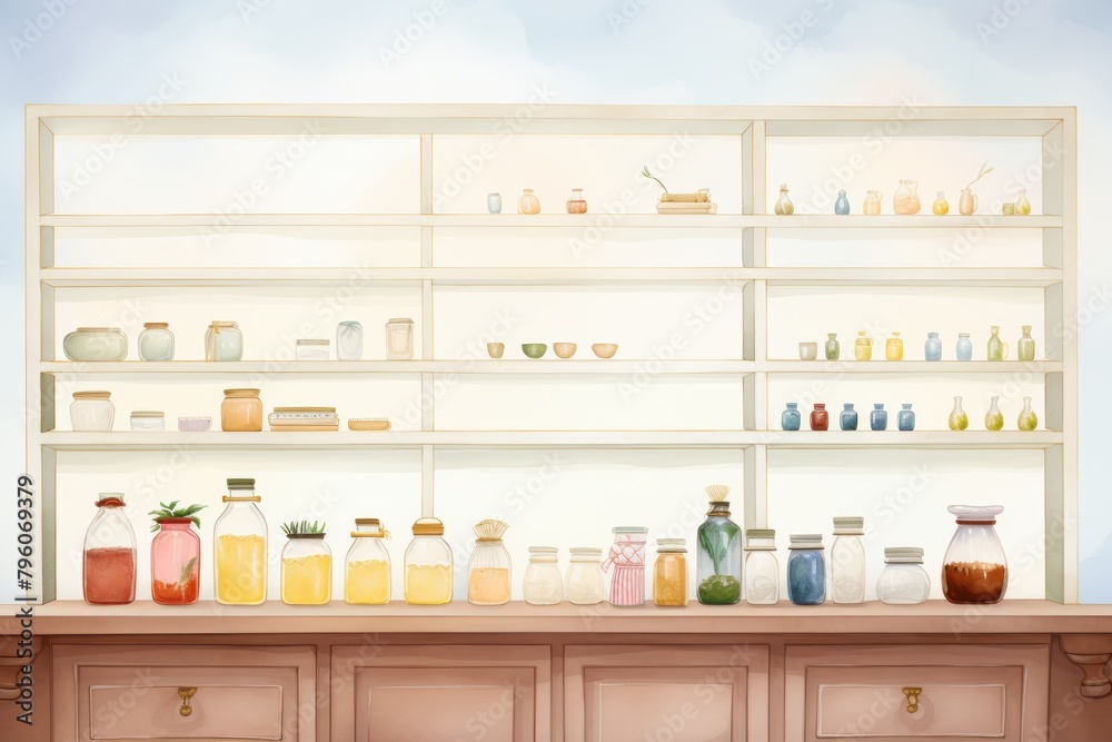 Fototapeta premium An illustration of a wooden shelf with a variety of potions, jars, and other magical ingredients.