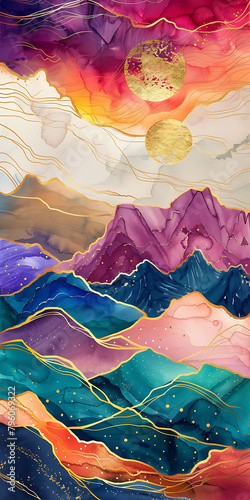 An abstract painting of mountains, with golden cracks running through alcohol ink and colorful clouds, golden lines flowing between purple mountains, and gold foil embellishments adding luxury, formin