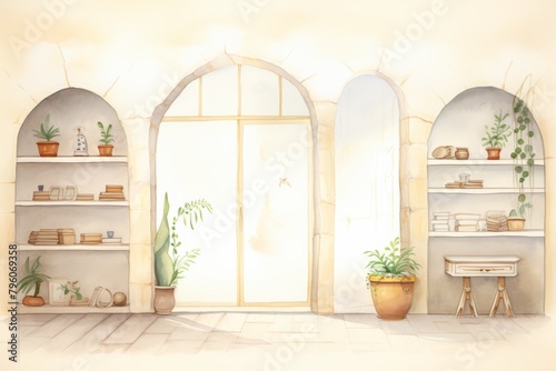 An illustration of a room with a large arched doorway in the center. There are two arched alcoves on either side of the doorway. The alcoves have shelves with books, plants, and other objects on them. photo