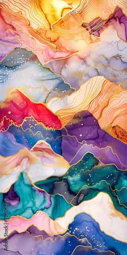 An abstract painting of mountains, with golden cracks running through alcohol ink and colorful clouds, golden lines flowing between purple mountains, and gold foil embellishments adding luxury, formin