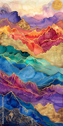 An abstract painting of mountains, with golden cracks running through alcohol ink and colorful clouds, golden lines flowing between purple mountains, and gold foil embellishments adding luxury, formin