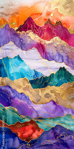 An abstract painting of mountains, with golden cracks running through alcohol ink and colorful clouds, golden lines flowing between purple mountains, and gold foil embellishments adding luxury, formin